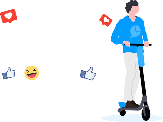Figura ilustrativa de um homem andando de patins com icones de redes sociais ao redor